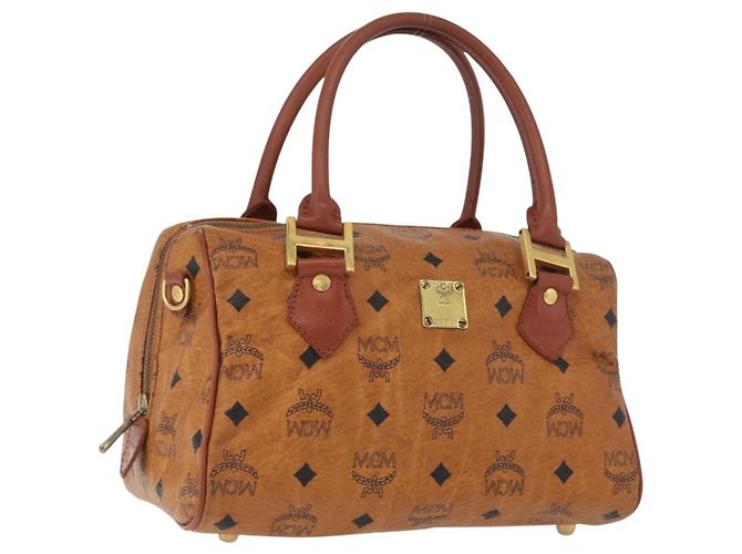 MCM Vicetos Logogram Bolsa de Mão PVC Couro Marrom Dourado Auth 172090