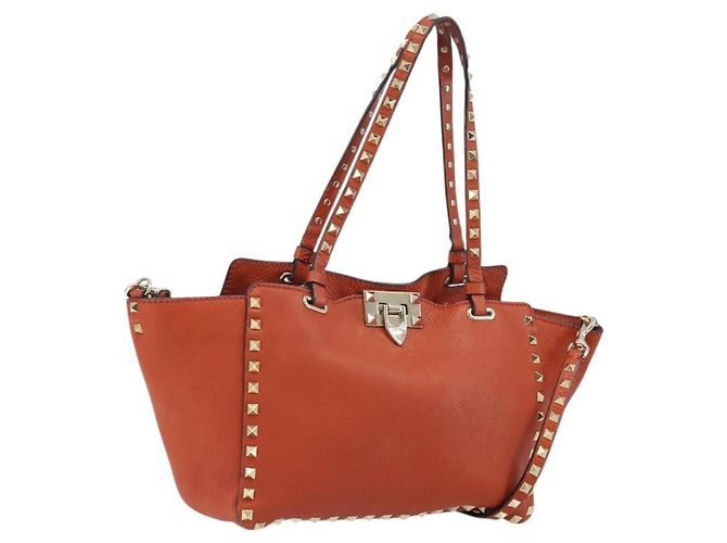Valentino Bolsa Tote de Couro 2 em 1 Laranja Dourado Auth BA10422