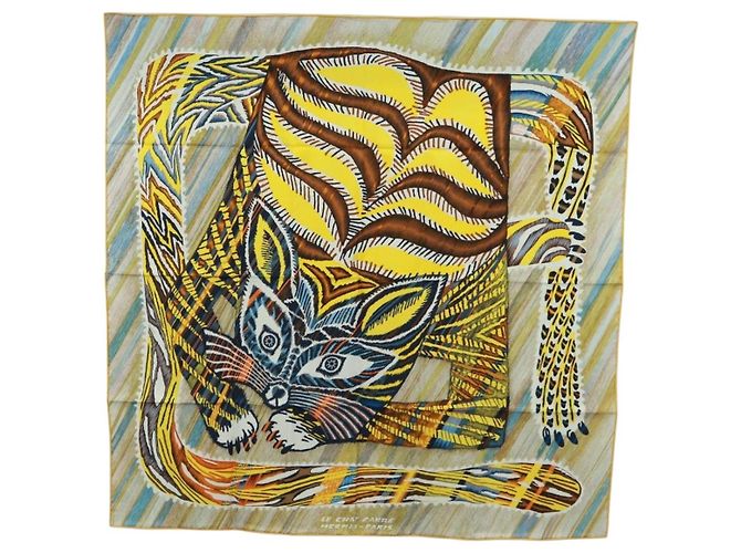 Hermès HERMES Sciarpa Carré 90 "LE CHAT CARRE" Sete Beige Auth 172015SAM