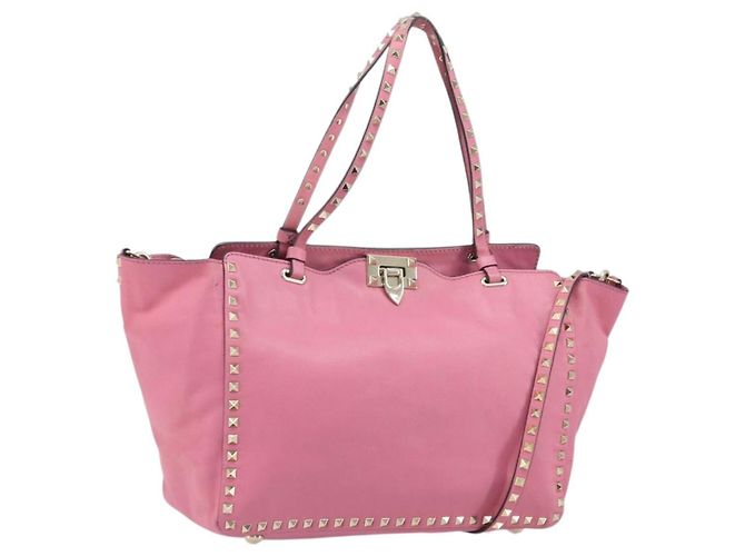 Bolsa Tote Valentino Studs em couro 2 em 1 rosa dourado Auth BA10650