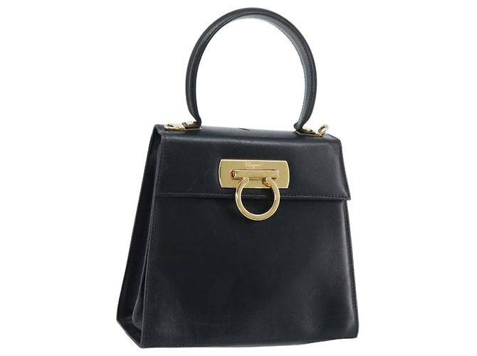 Bolso de mano Gancini de cuero negro y dorado Auth 173237 de Salvatore Ferragamo