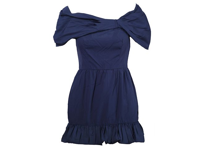 Vestido Mini Azul Prada com Decote Ombro a Ombro e Barra com Babados