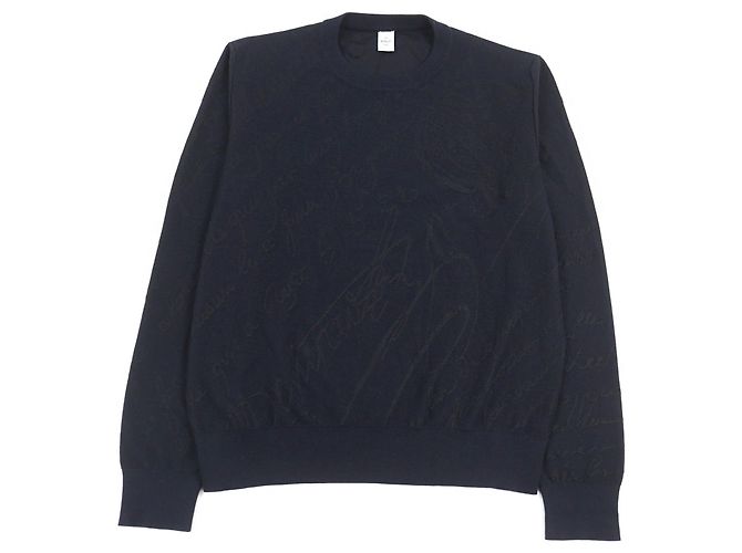 Autre Marque Berluti Calligraphy Knit Wollpullover mit Rundhalsausschnitt Blau Marineblau