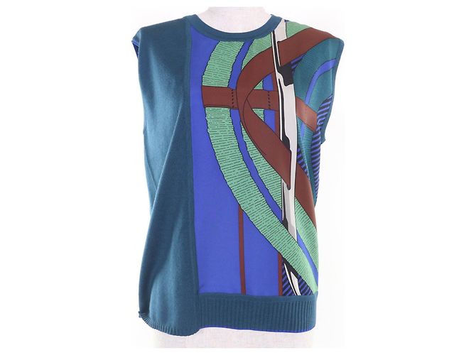 Hermès Top de malha de seda Hermes Azul Verde
