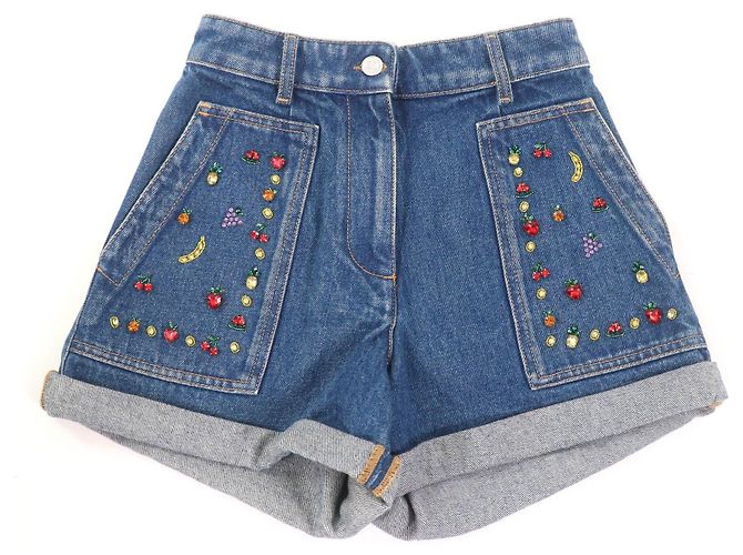 Shorts in denim di cotone decorati con gioielli Valentino Fruit Blu