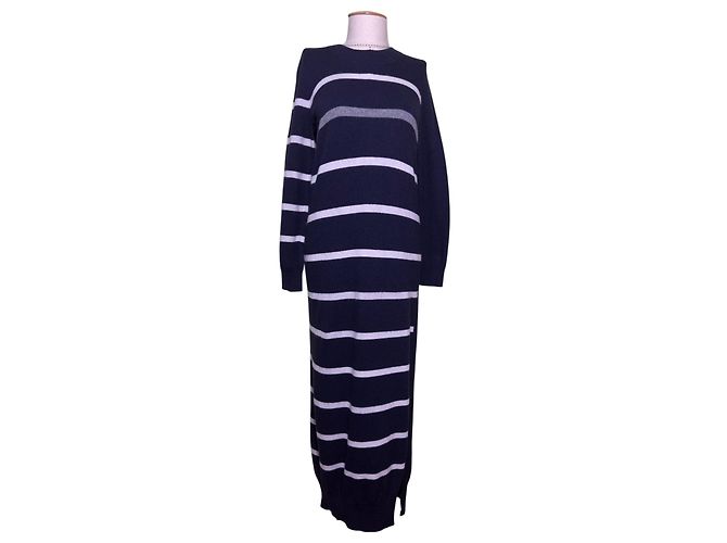 Autre Marque Semicouture Gestreiftes Kleid aus Kaschmir und Wolle Blau Grau Weiß Mehrfarben
