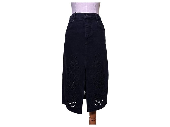 Farm Rio Schwarzer Denim Richelieu Midi Rock mit Schlitz