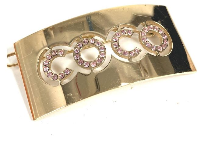 Presilha de cabelo com strass logo Coco 02P da Chanel Rosa Dourado