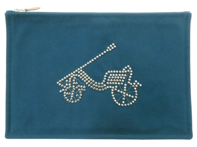 Pochette Piatta Petit Duc GM in Cotone Blu Hermès