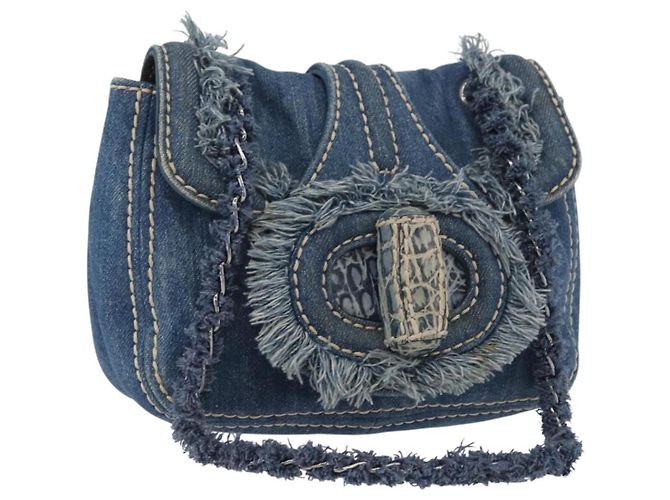 Bolsa de Ombro com Corrente PRADA em Denim Azul Prata Auth gh1755V