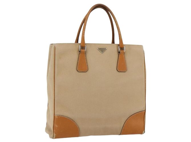 PRADA Hand Bag Canvas Leather Beige Silver Auth fm5148 Silvery