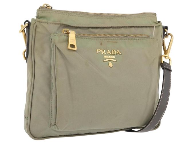 Bolsa de Ombro PRADA em Nylon Couro Bege Ouro Auth fm5136 Dourado