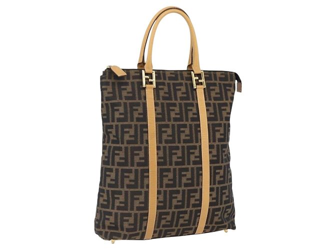 Bolso de mano de lona Zucca FENDI marrón negro Auth ep13422 Castaño
