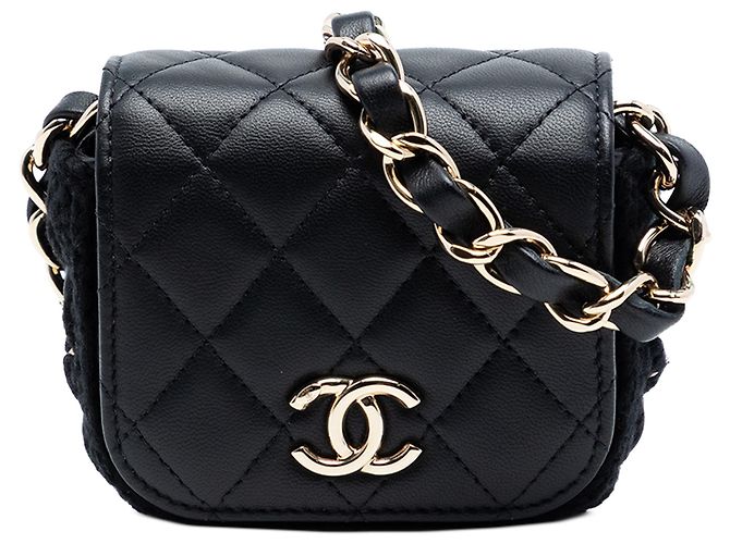 Chanel Mini CC Schwarz aus gestepptem Lammleder mit Häkelverschluss