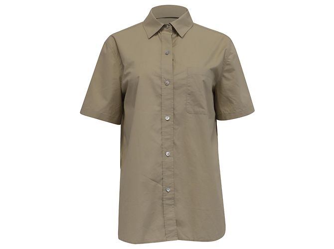 Camicia a maniche corte in popeline con bottoni Vince in cotone khaki Verde Cachi