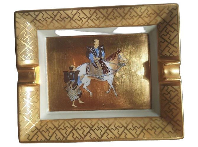 Hermès Hermes Ashtray 24 Karat Gold 2 Samurai with Horse Brown White Golden 
