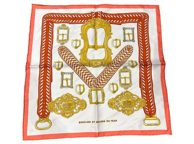 Hermès Boucles et Galons du Tsar Silk Scarf White Golden Orange