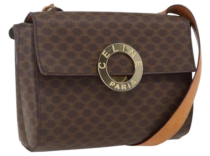 Céline CELINE Macadam Canvas Kreis Schultertasche aus PVC-Leder in Braun und Gold Auth fm5157 Golden