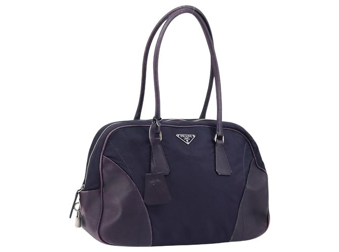 PRADA Boston Bag Nylon Purple Silver Auth ep13475 Silvery