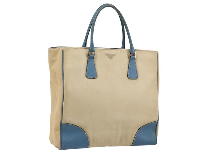 PRADA Tote Bag aus Canvas Beige Silber Authentisch 171123 Blau