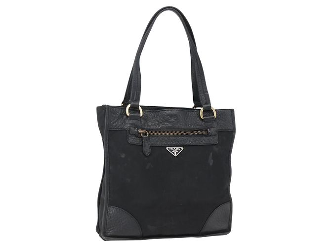 Borsa Tote PRADA in nylon e pelle nera dorata Auth fm5143 Nero D'oro