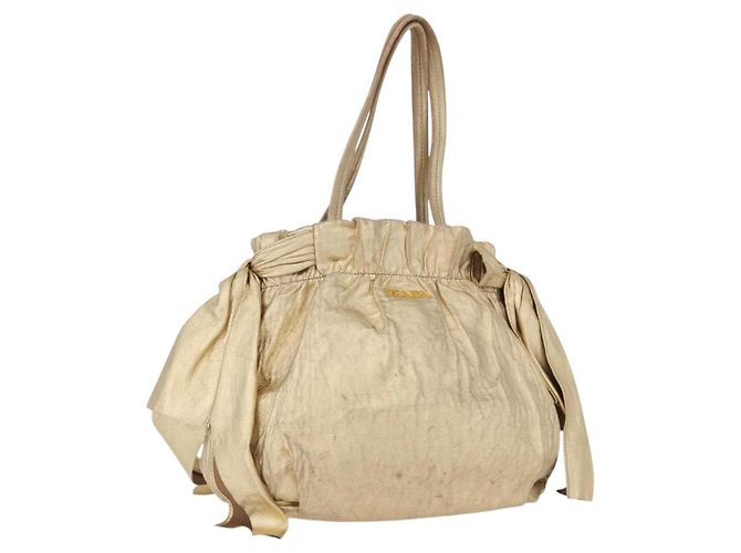 Ribbon PRADA Sac à main en cuir doré Auth 170966