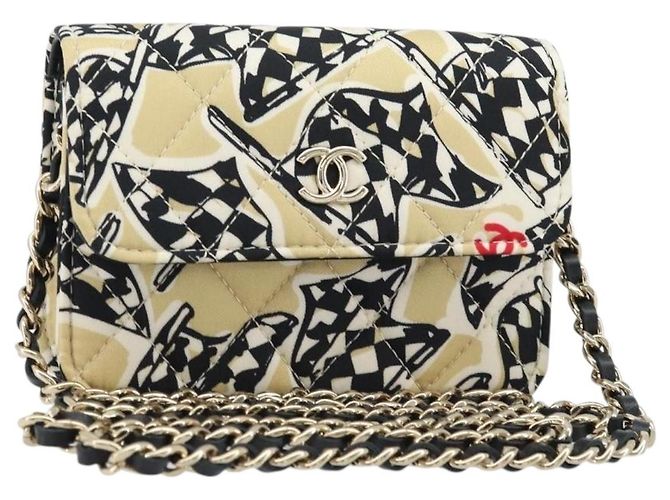 CHANEL Mini Matelassé 12 Bolsa de Ombro Corrente Cetim Bege Ouro CC Auth 172590SAM
