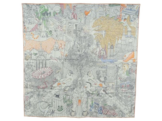 Hermès HERMES Carre 90 Lenço "Animapolis" Seda Branca Auth 172016SAM Branco