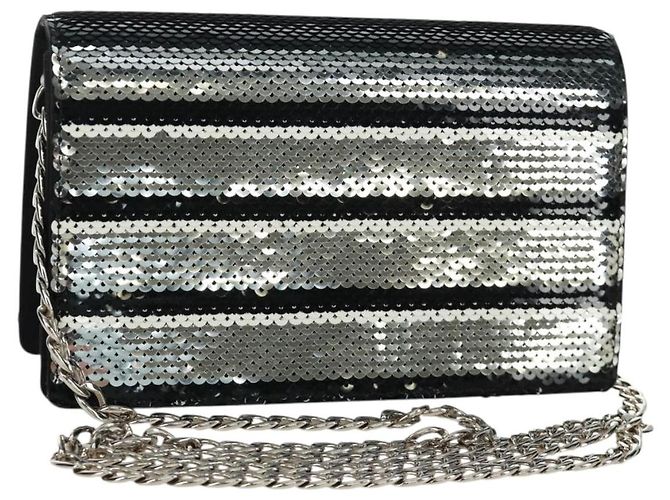 PRADA Chain Sequin Shoulder Bag Leather Black Silver Auth 165358 Silvery