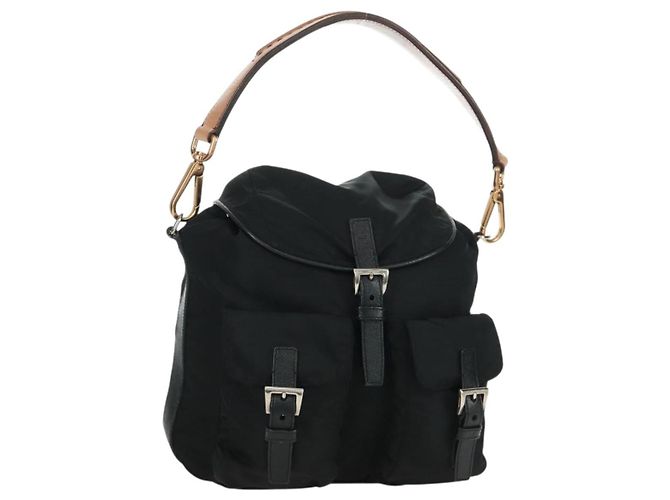 Bolso de Hombro PRADA Nylon Negro Oro Auth 165372V Dorado