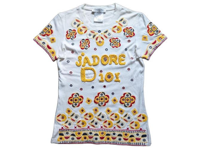 Christian Dior T-shirt ricamata J'adore Dior bianca e gialla
