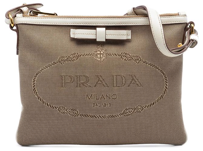 Bow Bolsa transversal Prada em lona Canapa marrom com logo e laço Bege