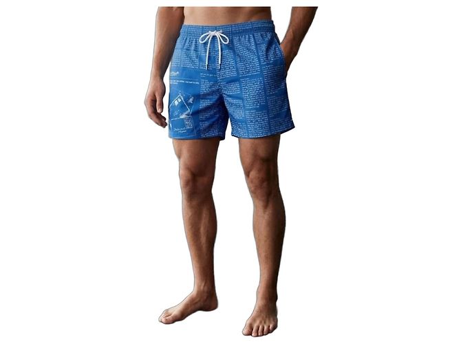 Neue John Galliano Newspaper Badeshorts Blau