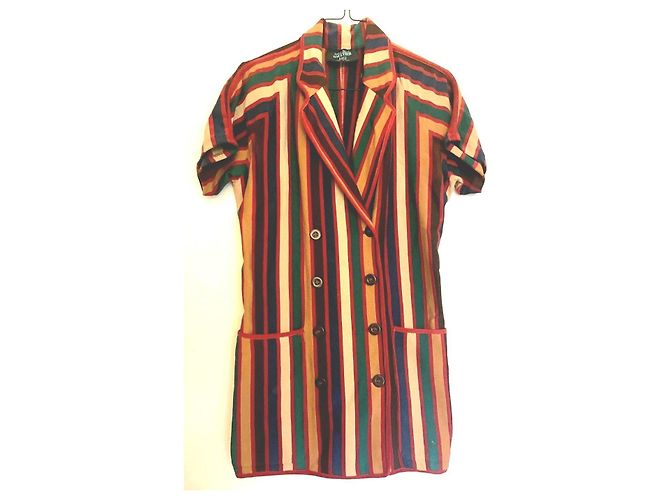 90er Jahre Jean Paul Gaultier Jacke (oder Pullover) mit bunten Streifen Braun Rot Blau Mehrfarben Beige Grün Bordeaux Gelb Dunkelblau
