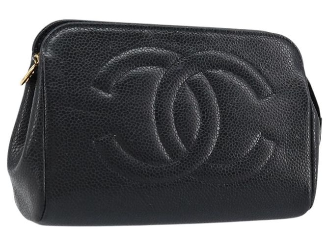Pochette CHANEL in Pelle Caviar Nera Oro CC Auth bs33477 Nero D'oro