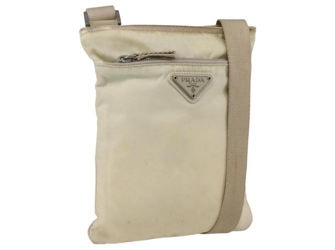 Bolsa de Ombro PRADA Nylon Marfim Prata Autêntica LNZ256 Cru