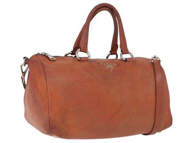 PRADA Bolso de Mano de Cuero 2 en 1 Naranja Plata Auth bs33283