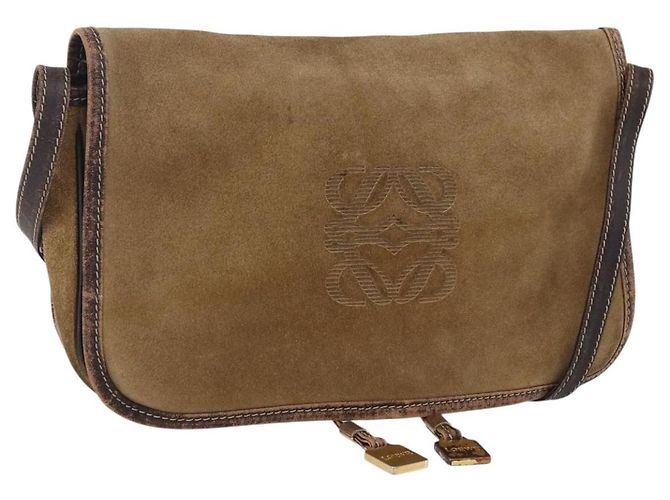 LOEWE Sac à épaule Anagram Suède Marron Or Auth 173473 Doré