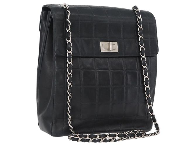 CHANEL Borsa a Spalla Choco Bar in Pelle di Agnello Nera Argento CC Auth bs33473 Nero