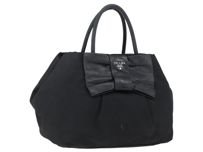 Ribbon PRADA Sac à main en ruban en nylon cuir noir argent authentique 173676 Argenté