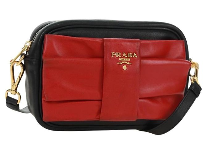 Ribbon Borsa a Spalla in Pelle PRADA con Nastro Nero Rosso Oro Auth 171555V D'oro