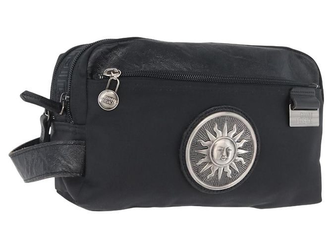 Borsa a mano VERSACE Sunburst in nylon nero e argento Auth am10693