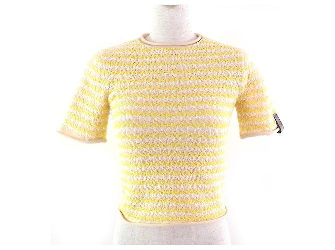 Louis Vuitton Crinkle Kurzarm Strick-Nylon-Oberteil Gelb