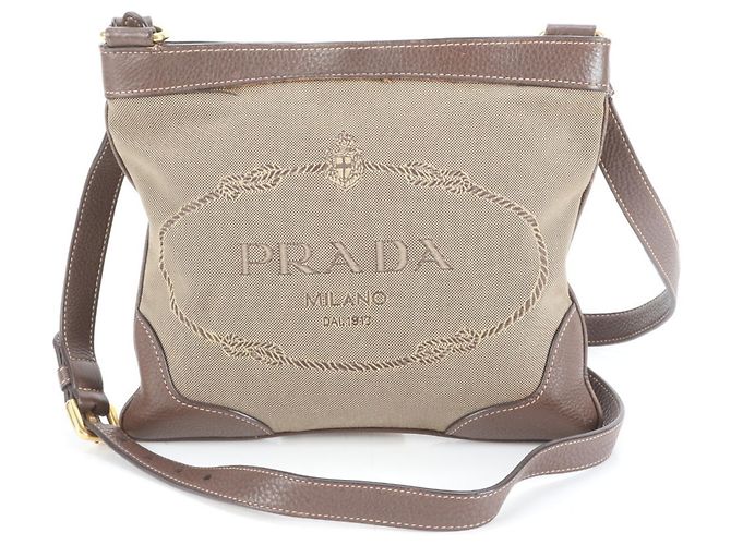 Prada Logo Jacquard Canvas and Leather Shoulder Bag Messenger Brown Men's