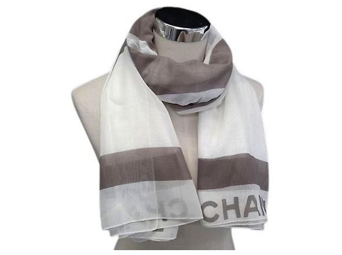Pashmina/Echarpe CHANEL Feminina em Algodão Branco e Cinza Marrom