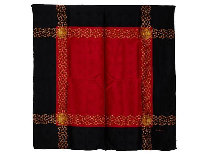 Sciarpa Muffler Chain Coco Mark di Chanel in seta nera, rossa e multicolore per donne Nero