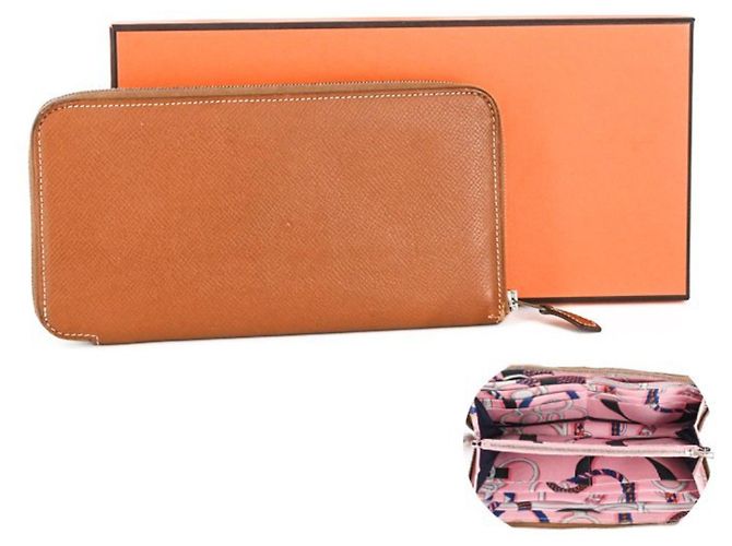 Hermès HERMES Azap Long Cartera de Seda, Seda Epsom, Oro y Rosa, Mujer