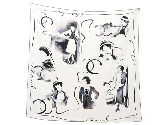 Bufanda/Chal Coco Mark CHANEL, Seda, Mujer, Blanco/Negro