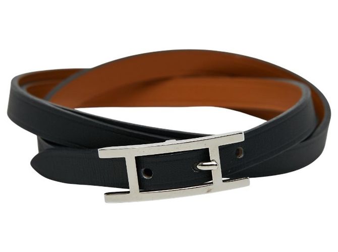 Bracciale Lungo Api Hermès in Pelle Nera e Metallo Argento per Uomini Nero