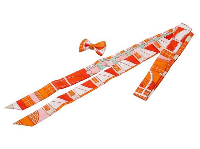 Sciarpa/Righello Twilly Hermès Arancione Multicolore in Seta per Donne HERMES